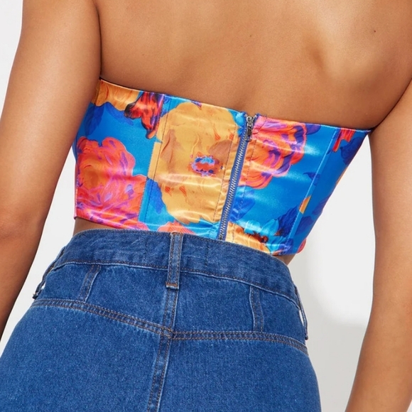 FASHION NOVA Satin Callin' For You Floral Corset Top - Blue/combo. S NWT - Picture 2 of 13
